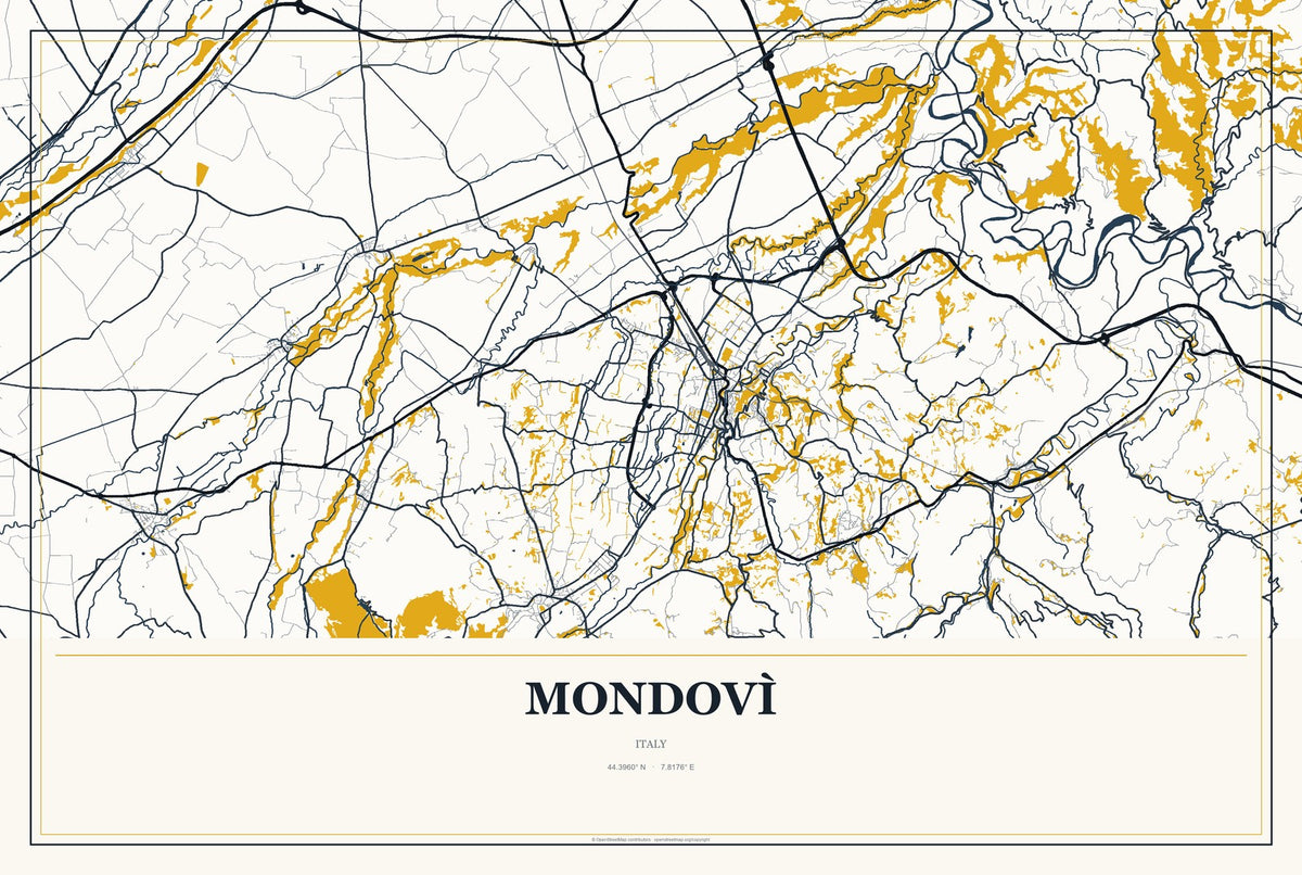 Mondovì, Italy City Map Aluminum Sign in Citrine Modern style