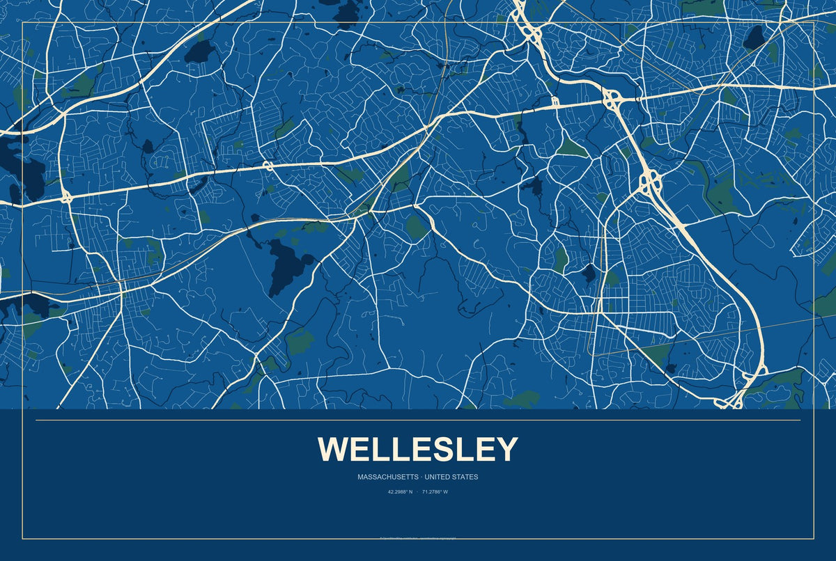 Wellesley, Massachusetts City Map Aluminum Sign in Harbor Cobalt style