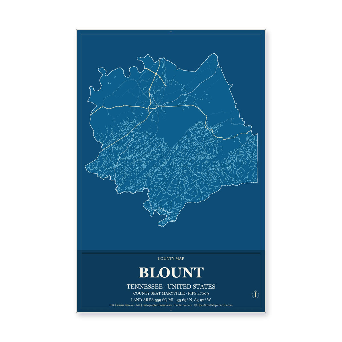 Blount County, Tennessee Map Aluminum Sign in Harbor Cobalt style