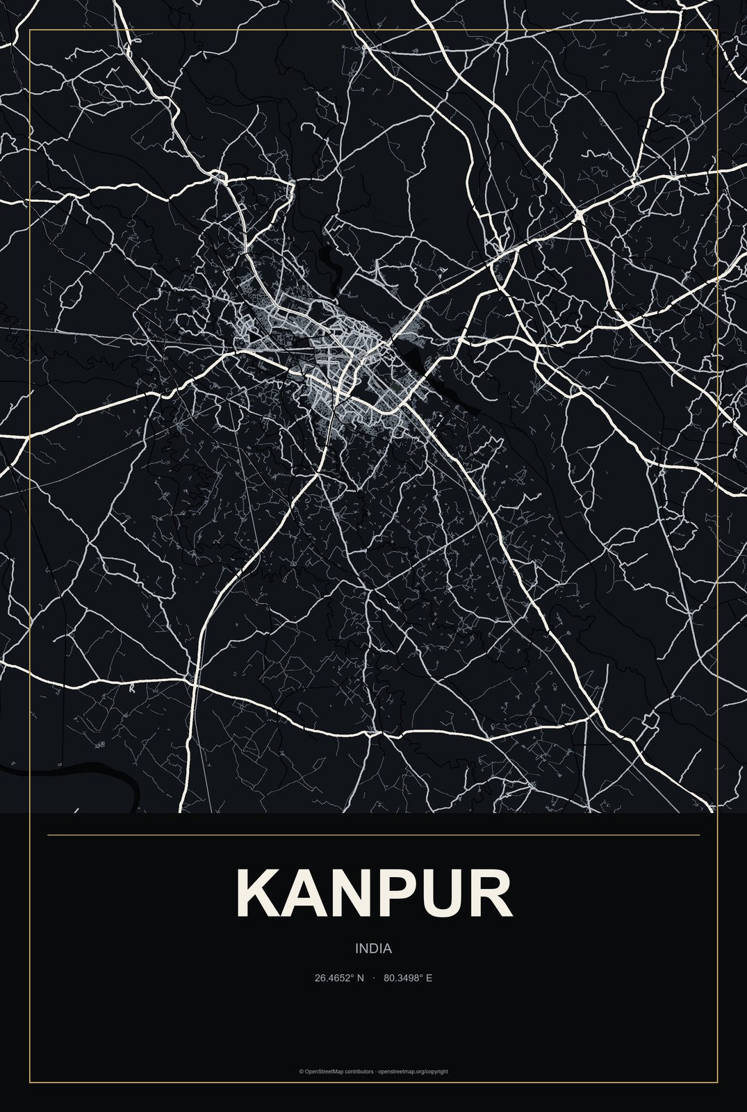 Kanpur, India City Map Aluminum Sign in Metropolitan Noir style