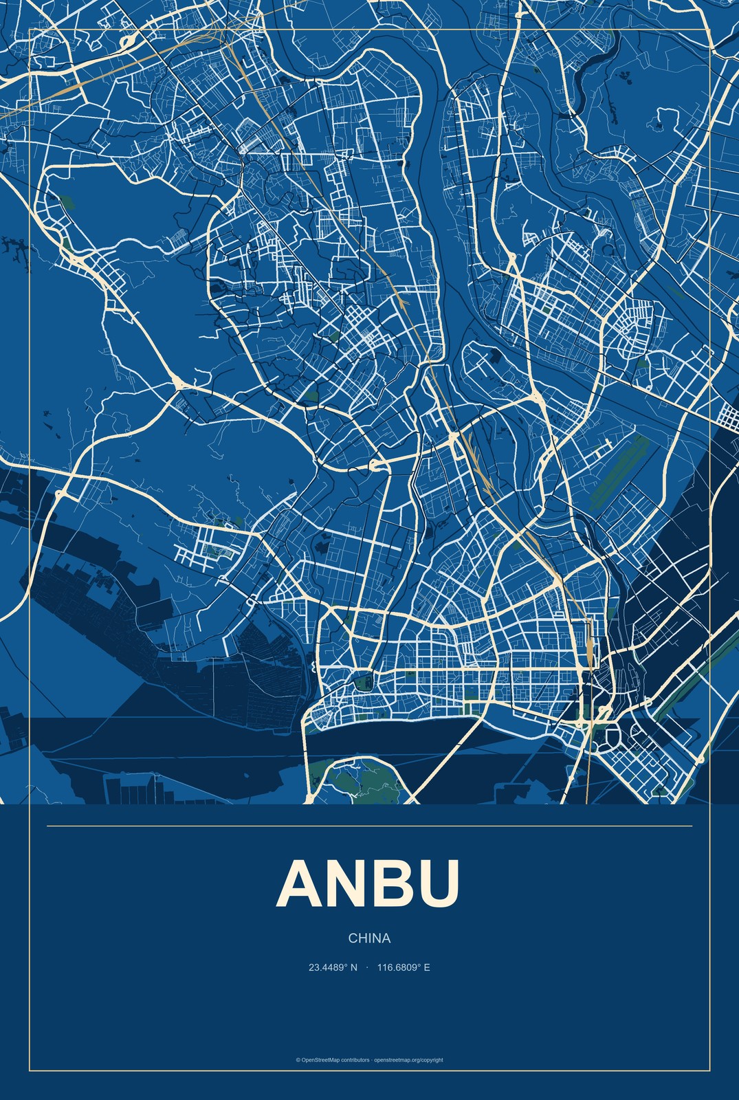Anbu, China City Map Aluminum Sign in Harbor Cobalt style