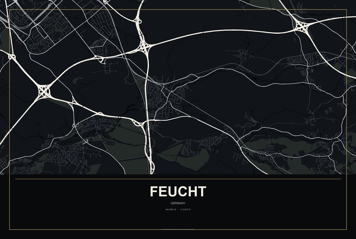 Feucht, Germany City Map Aluminum Sign in Metropolitan Noir style