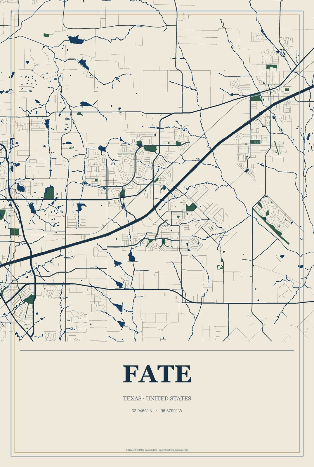 Fate, Texas City Map Aluminum Sign in Coastal Cutout style