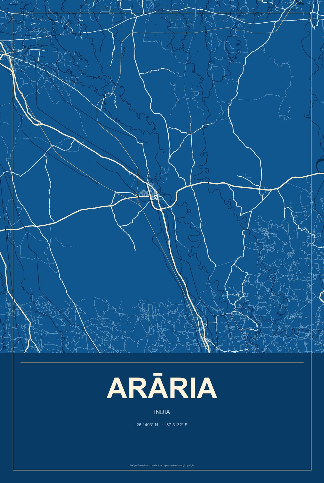 Arāria, India City Map Aluminum Sign in Harbor Cobalt style