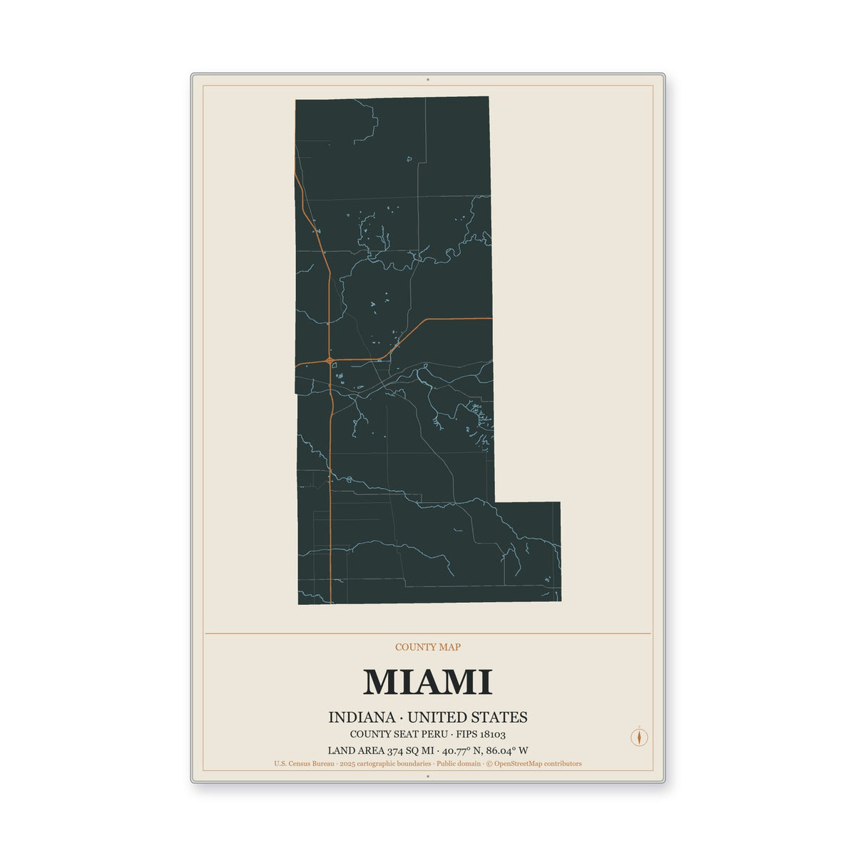 Miami County, Indiana Map Aluminum Sign in Headline Atlas style
