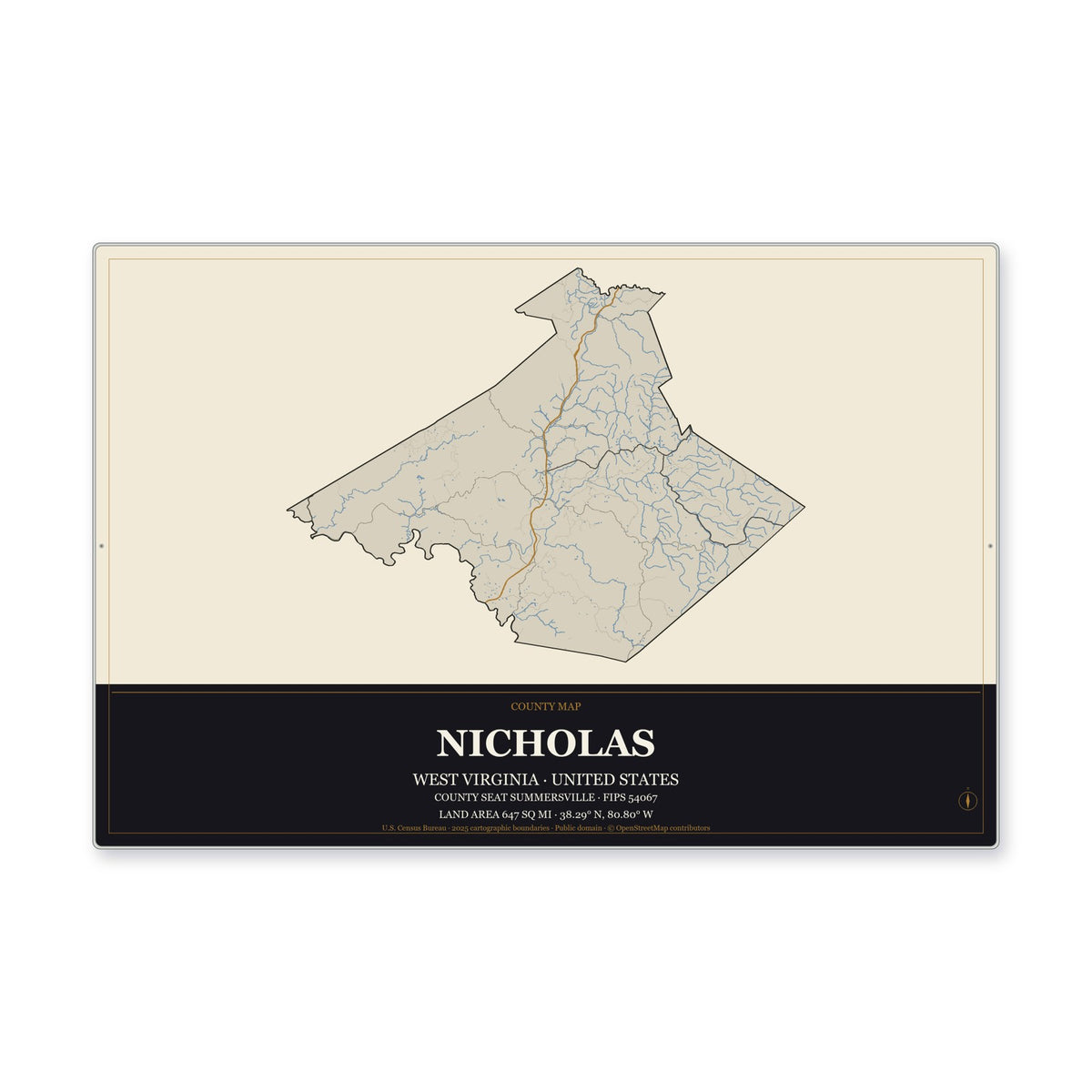 Nicholas County, West Virginia Map Aluminum Sign in Museum Plaque style