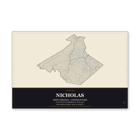 Nicholas County, West Virginia Map Aluminum Sign in Museum Plaque style