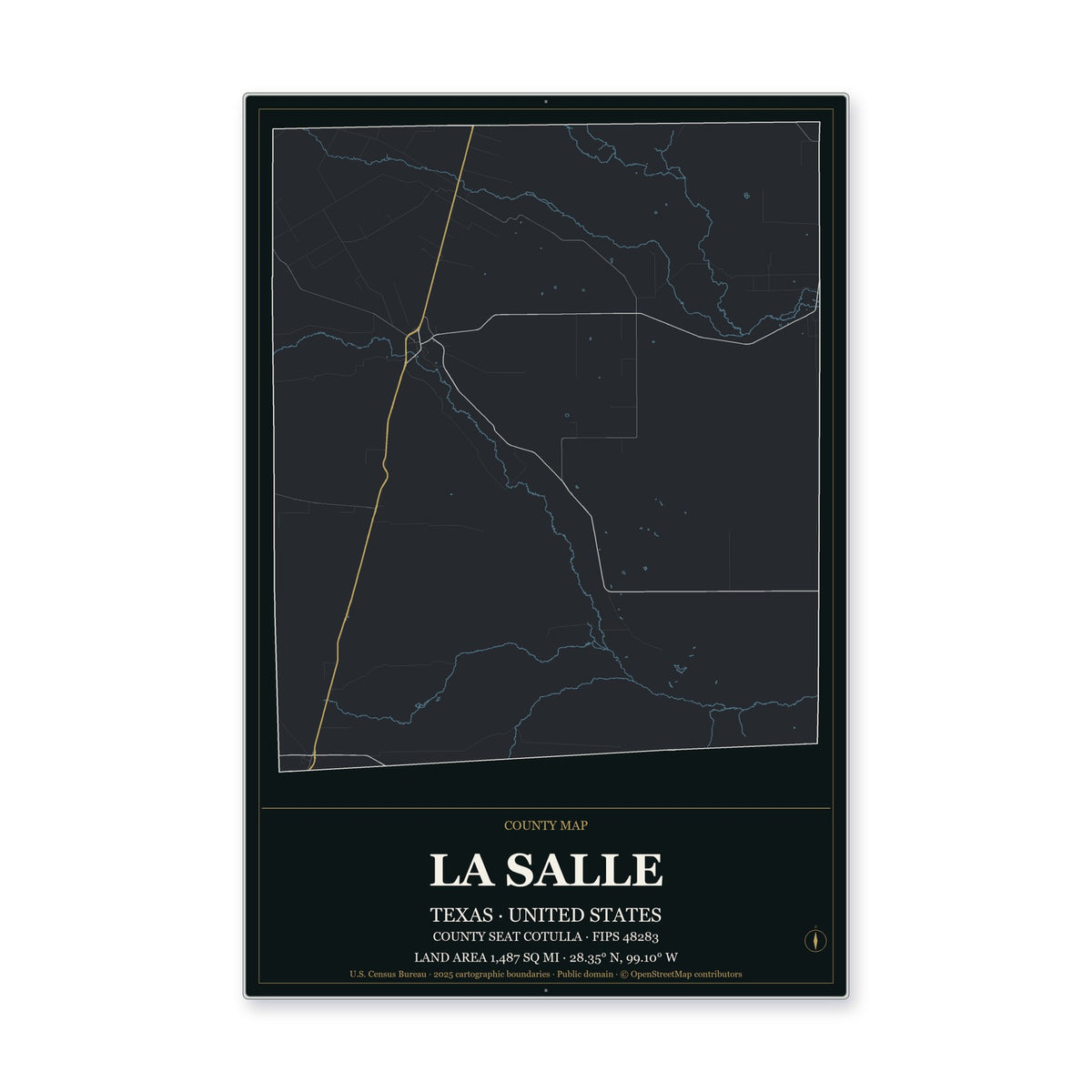 La Salle County, Texas Map Aluminum Sign in Metropolitan Noir style
