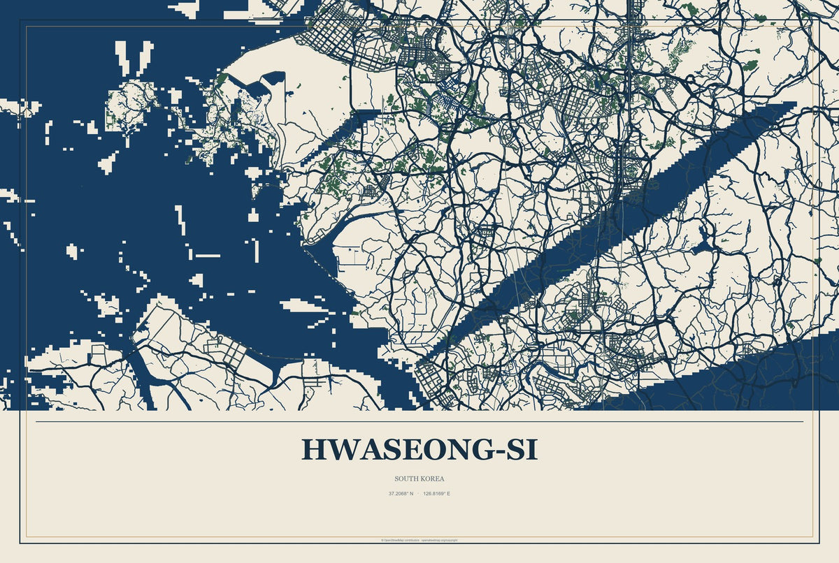 Hwaseong-si, South Korea City Map Aluminum Sign in Coastal Cutout style