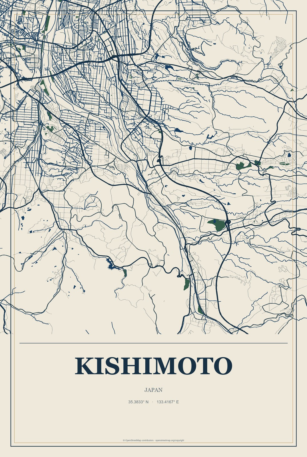 Kishimoto, Japan City Map Aluminum Sign in Coastal Cutout style