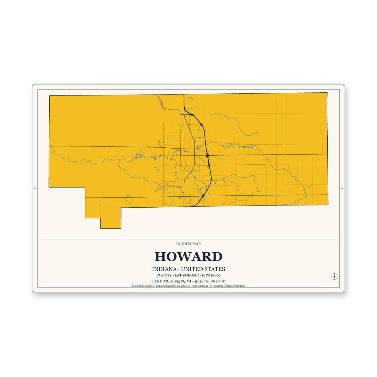Howard County, Indiana Map Aluminum Sign in Citrine Modern style
