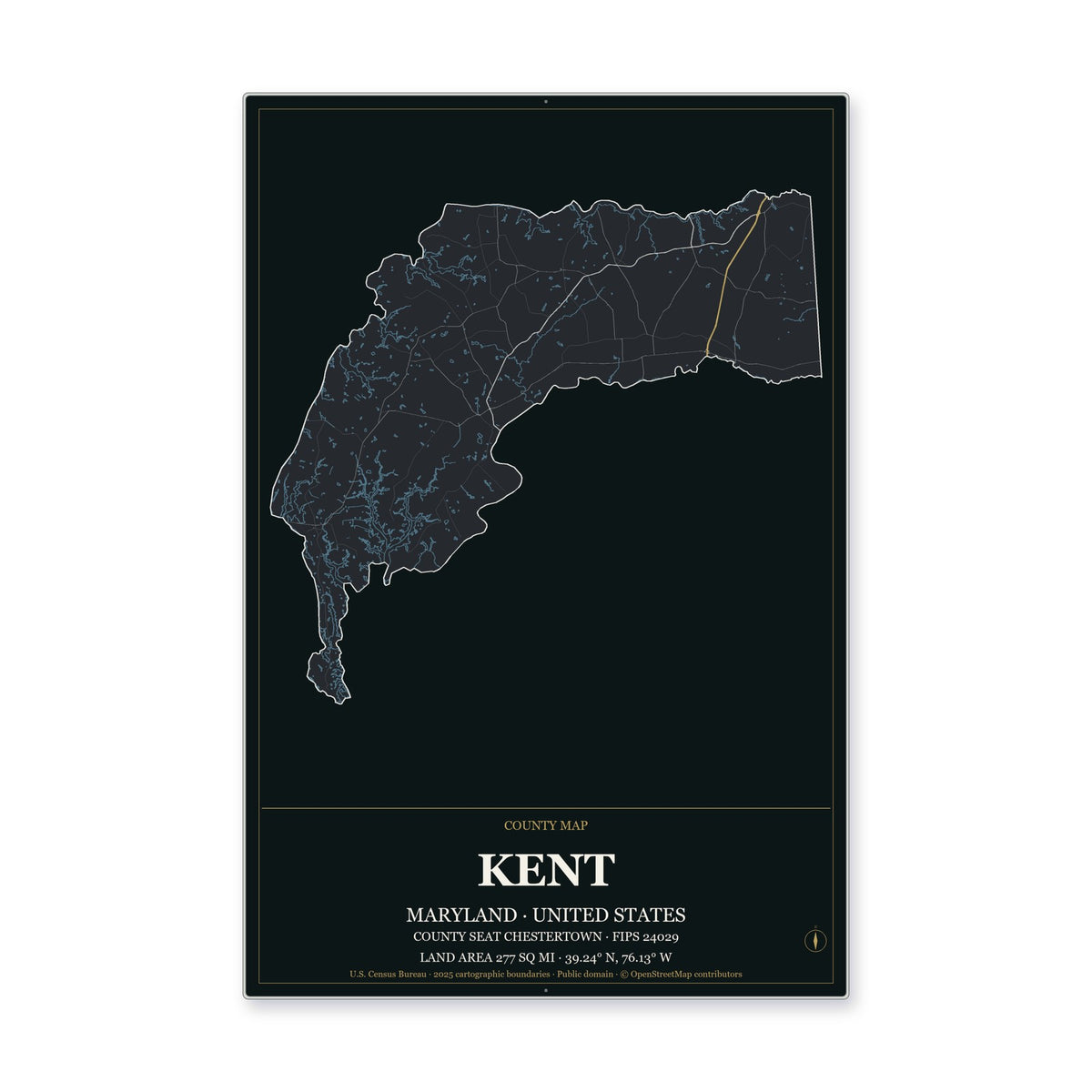 Kent County, Maryland Map Aluminum Sign in Metropolitan Noir style