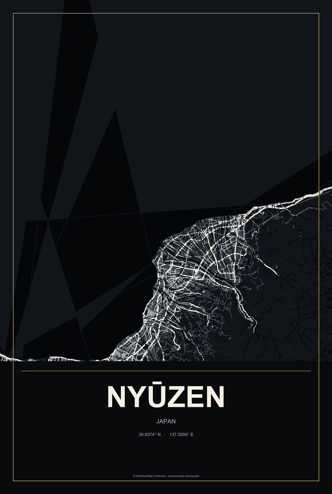 Nyūzen, Japan City Map Aluminum Sign in Metropolitan Noir style