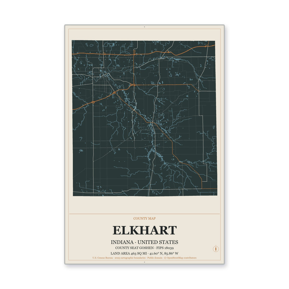 Elkhart County, Indiana Map Aluminum Sign in Headline Atlas style