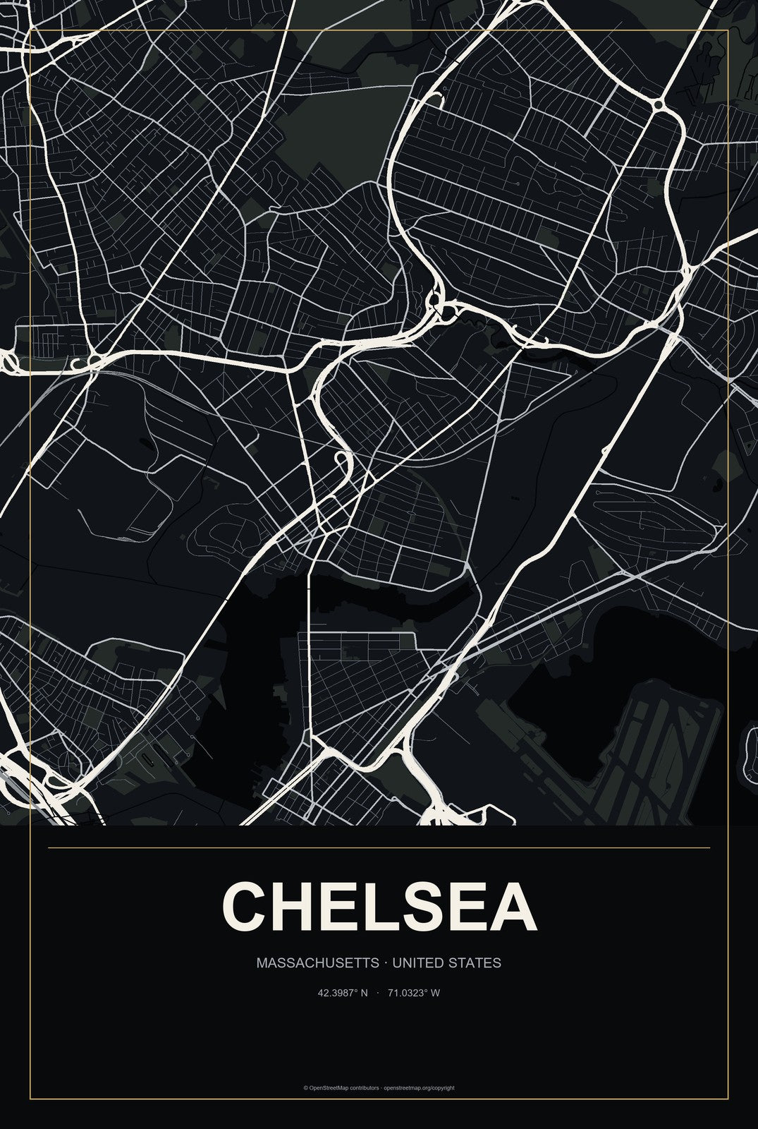 Chelsea, Massachusetts City Map Aluminum Sign in Metropolitan Noir style