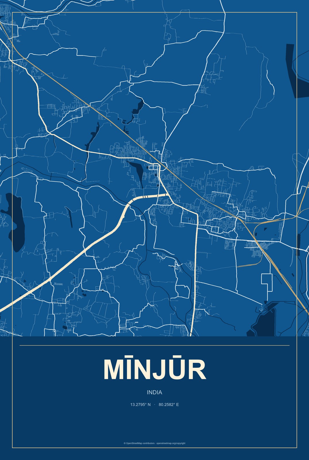 Mīnjūr, India City Map Aluminum Sign in Harbor Cobalt style