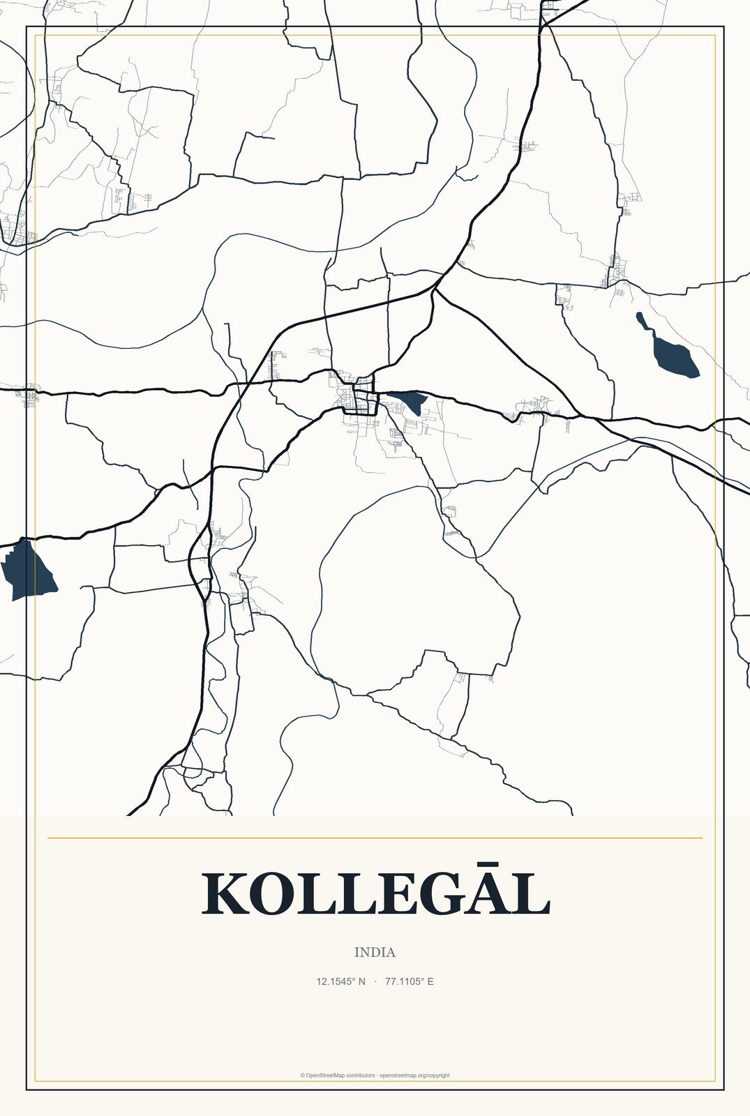 Kollegāl, India City Map Aluminum Sign in Citrine Modern style