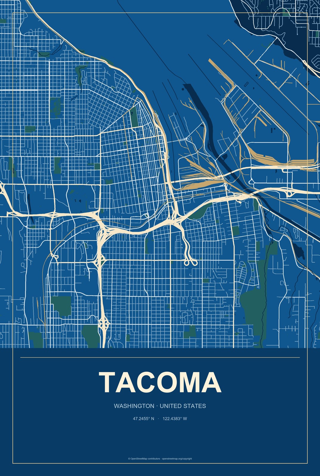 Tacoma, Washington City Map Aluminum Sign in Harbor Cobalt style