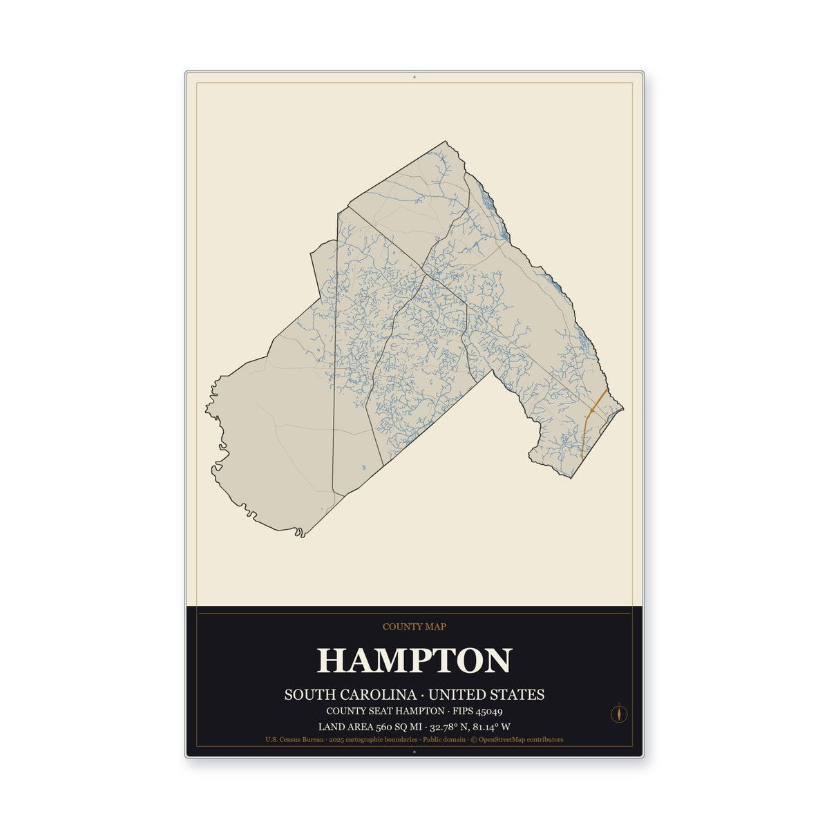 Hampton County, South Carolina Map Aluminum Sign in Museum Plaque style