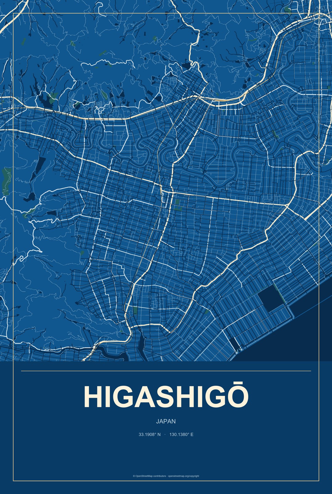 Higashigō, Japan City Map Aluminum Sign in Harbor Cobalt style
