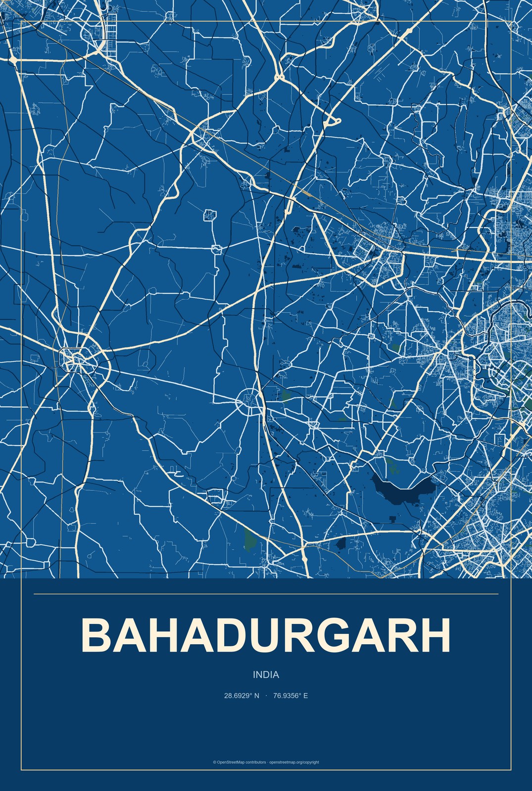 Bahadurgarh, India City Map Aluminum Sign in Harbor Cobalt style
