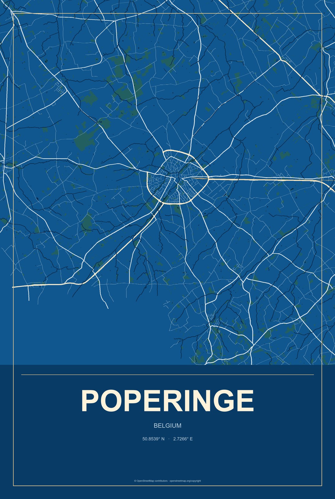 Poperinge, Belgium City Map Aluminum Sign in Harbor Cobalt style
