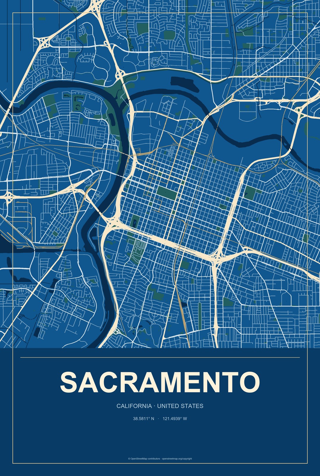 Sacramento, California City Map Aluminum Sign in Harbor Cobalt style