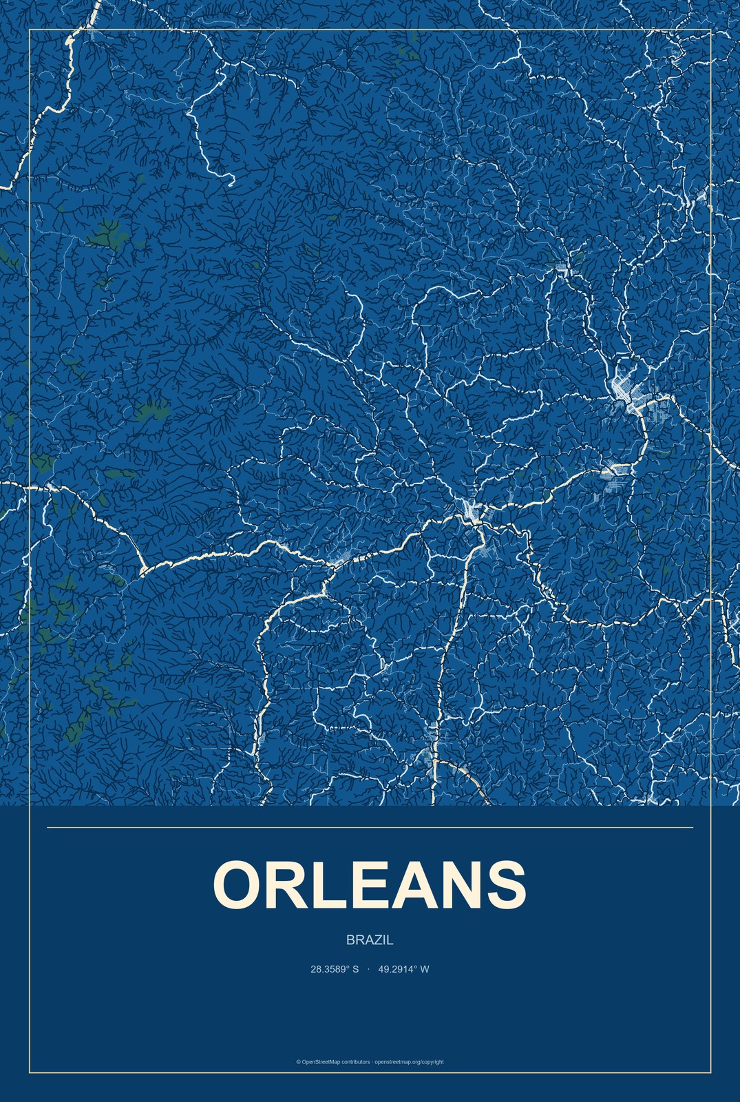 Orleans, Brazil City Map Aluminum Sign in Harbor Cobalt style