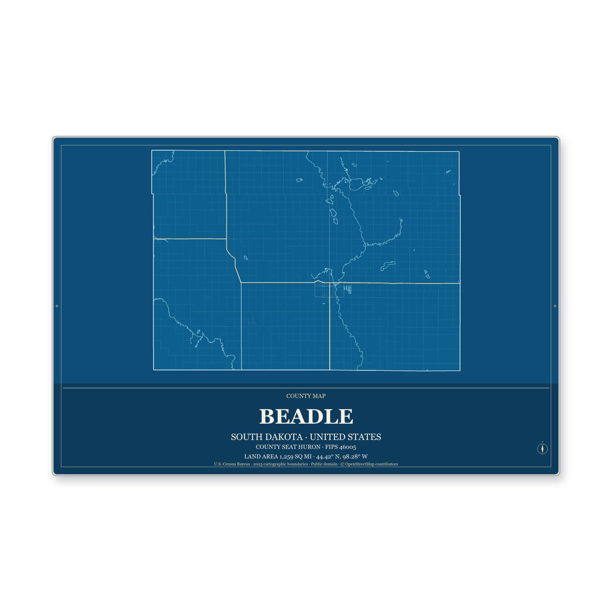 Beadle County, South Dakota Map Aluminum Sign in Harbor Cobalt style