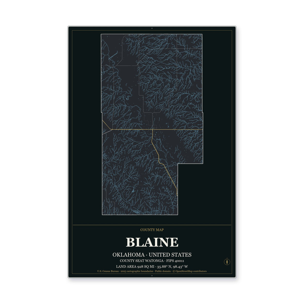 Blaine County, Oklahoma Map Aluminum Sign in Metropolitan Noir style