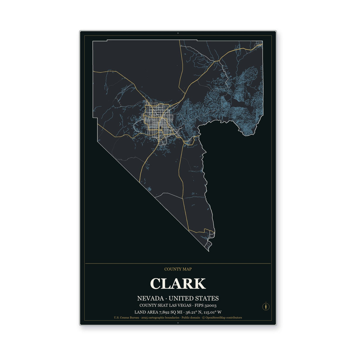 Clark County, Nevada Map Aluminum Sign in Metropolitan Noir style