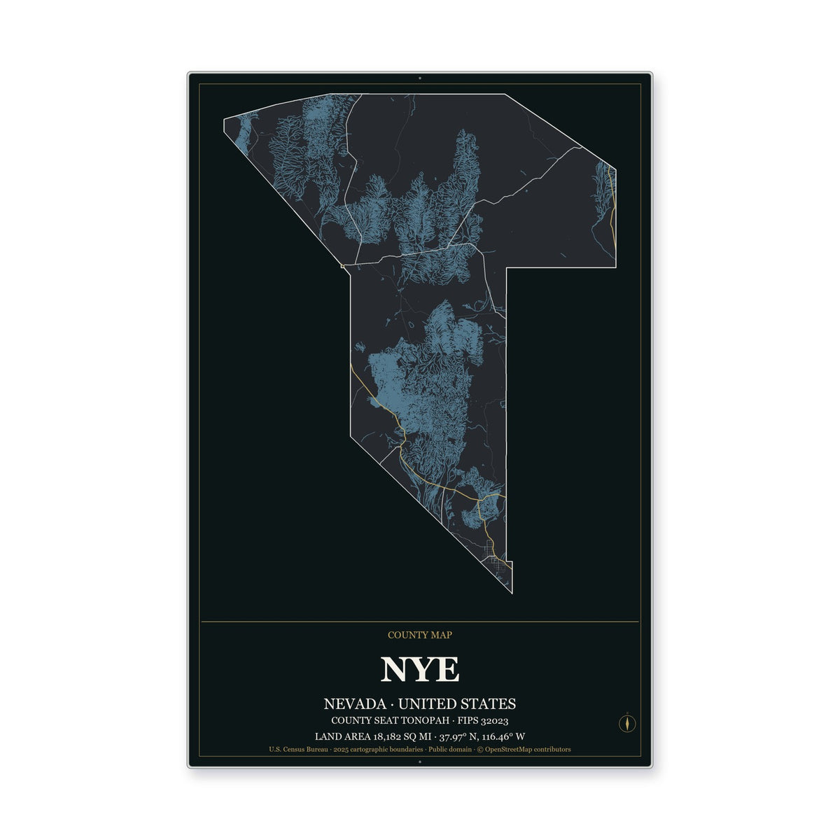 Nye County, Nevada Map Aluminum Sign in Metropolitan Noir style