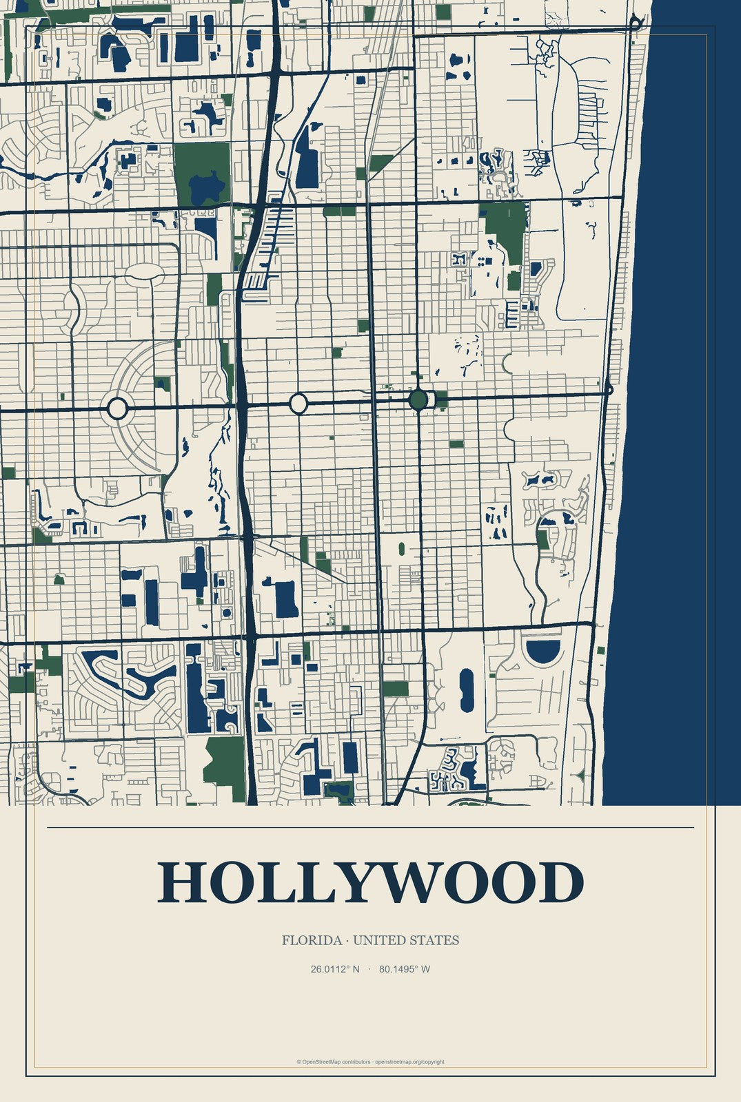Hollywood, Florida City Map Aluminum Sign in Coastal Cutout style