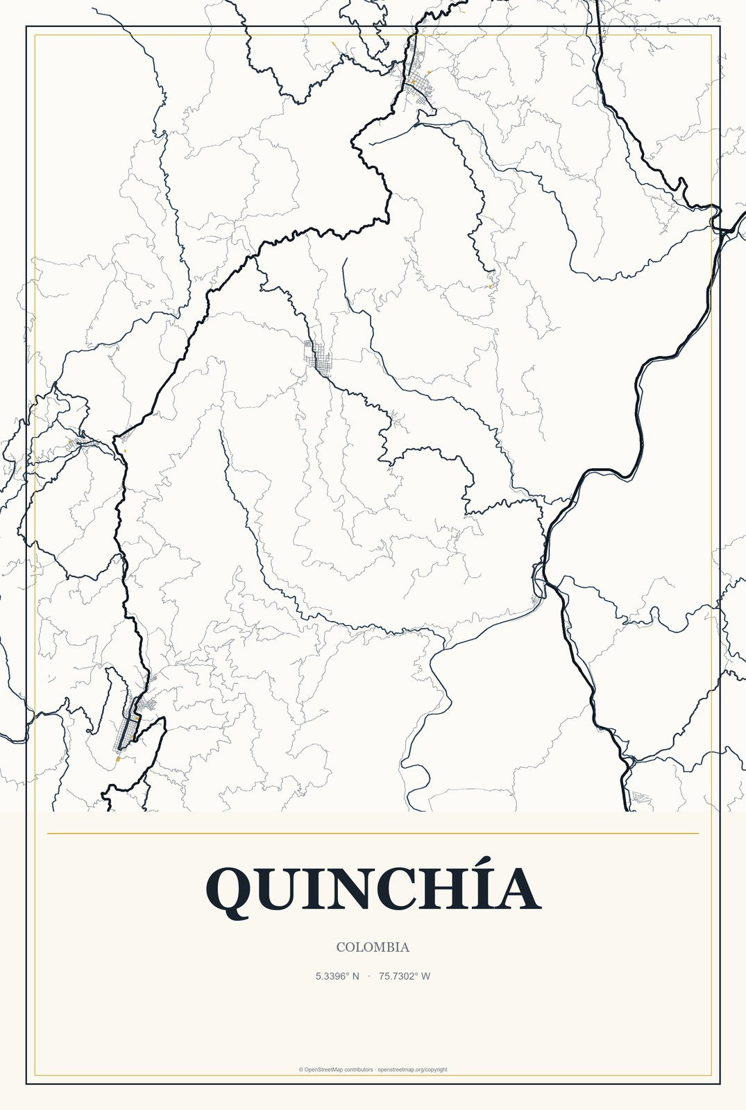 Quinchía, Colombia City Map Aluminum Sign in Citrine Modern style
