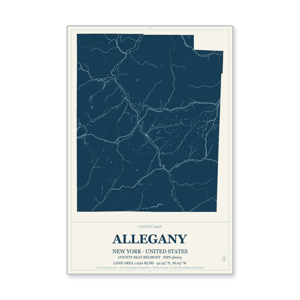 Allegany County, New York Map Aluminum Sign in Coastal Cutout style
