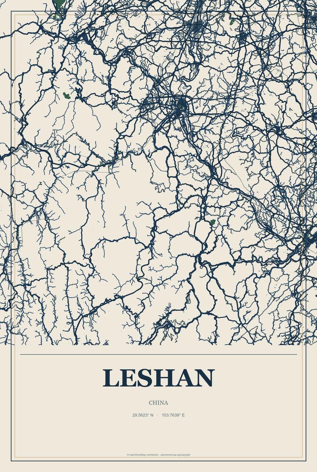 Leshan, China City Map Aluminum Sign in Coastal Cutout style