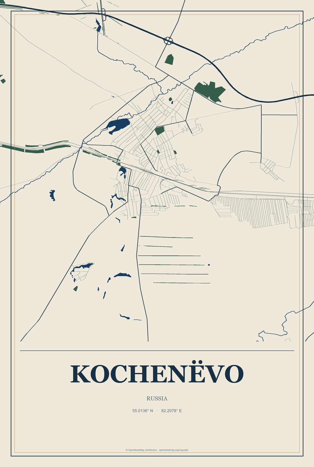 Kochenëvo, Russia City Map Aluminum Sign in Coastal Cutout style