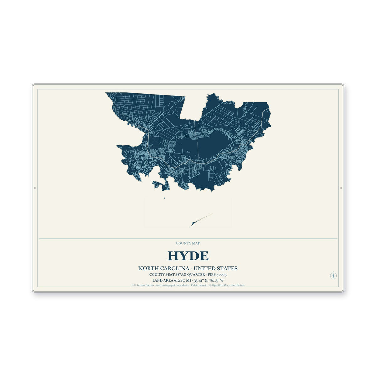 Hyde County, North Carolina Map Aluminum Sign in Coastal Cutout style
