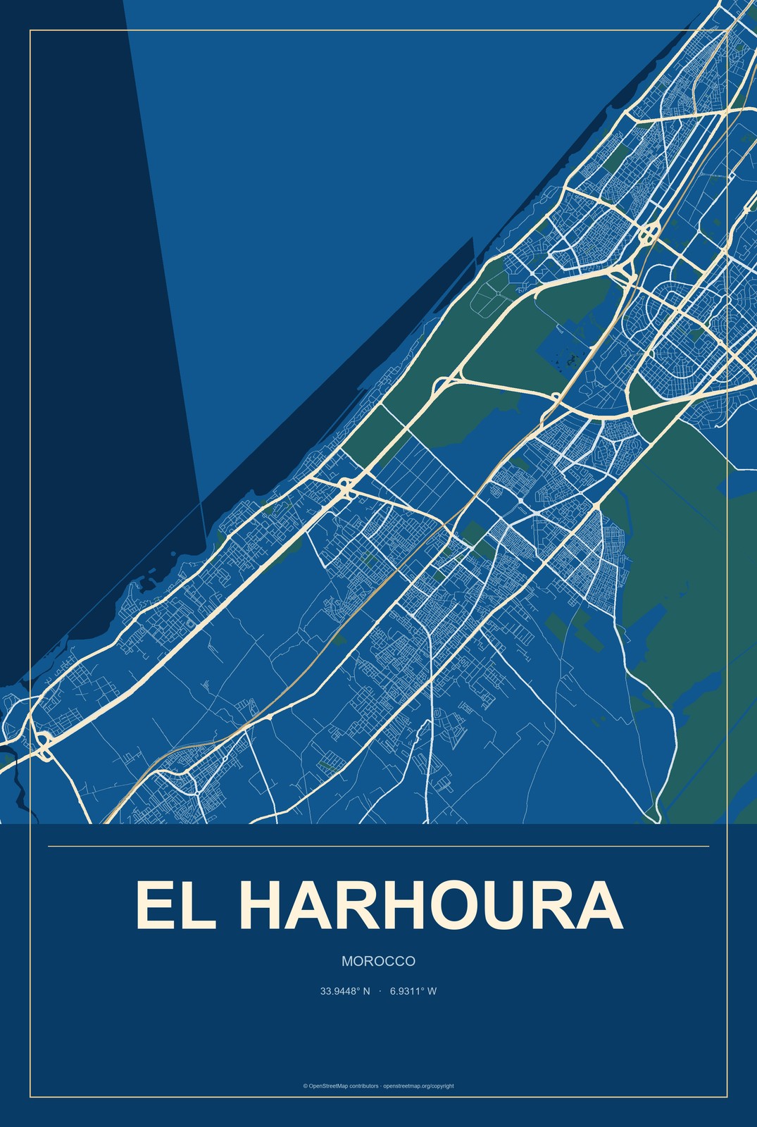 El Harhoura, Morocco City Map Aluminum Sign in Harbor Cobalt style