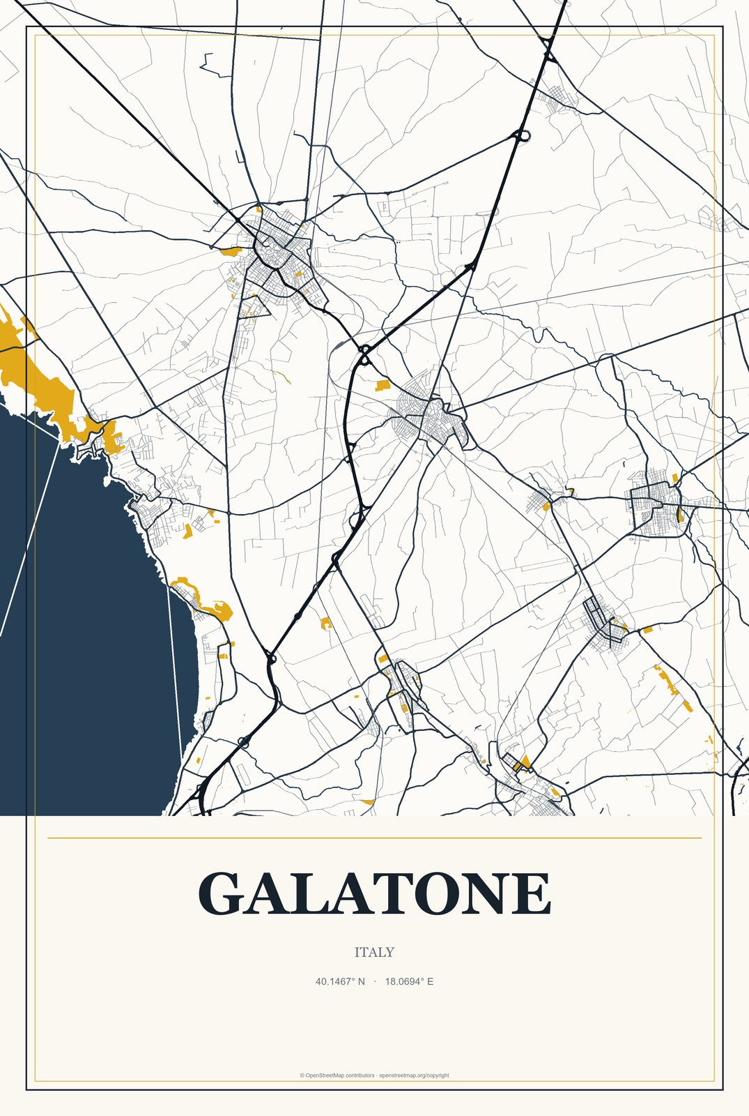 Galatone, Italy City Map Aluminum Sign in Citrine Modern style