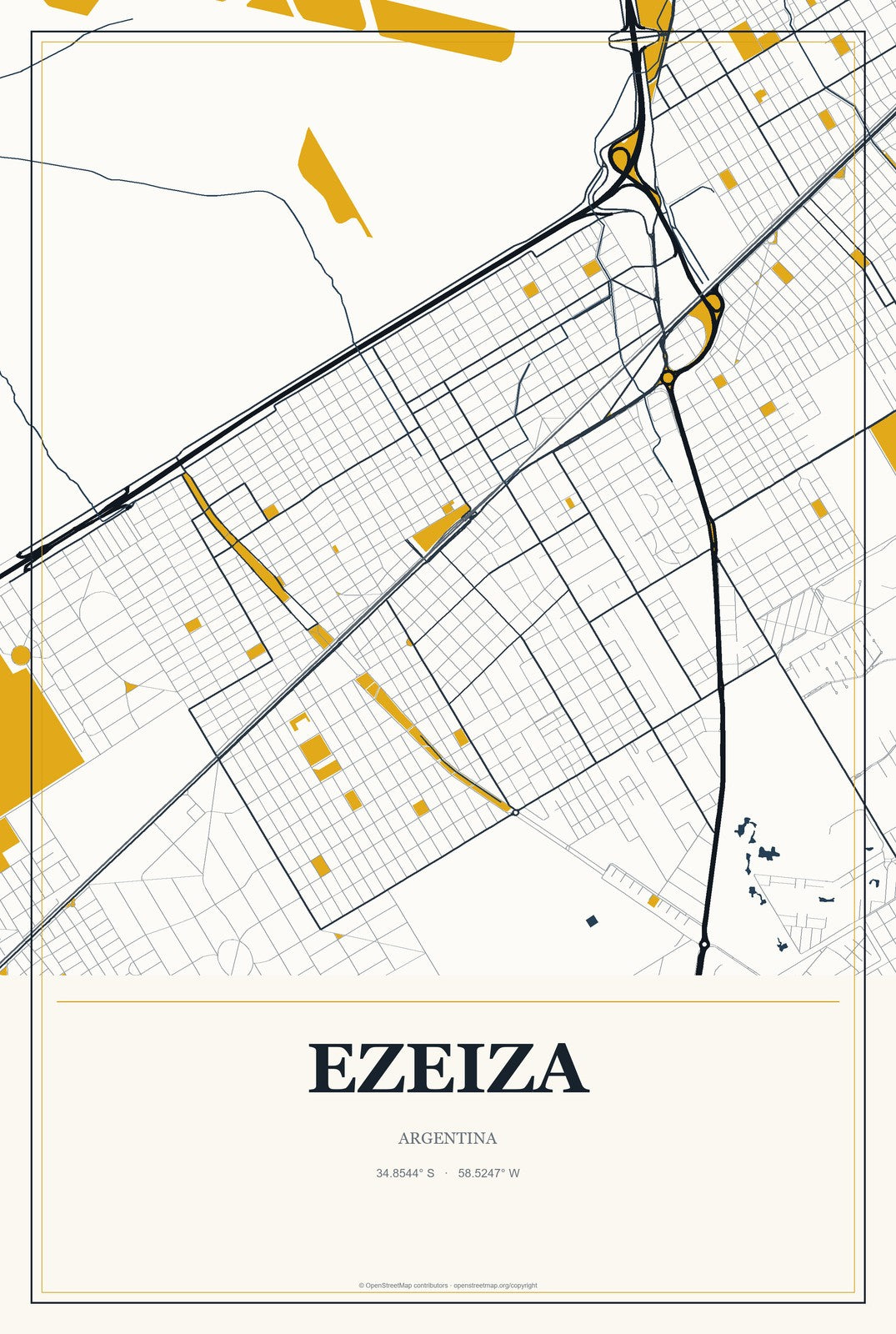Ezeiza, Argentina City Map Aluminum Sign in Citrine Modern style