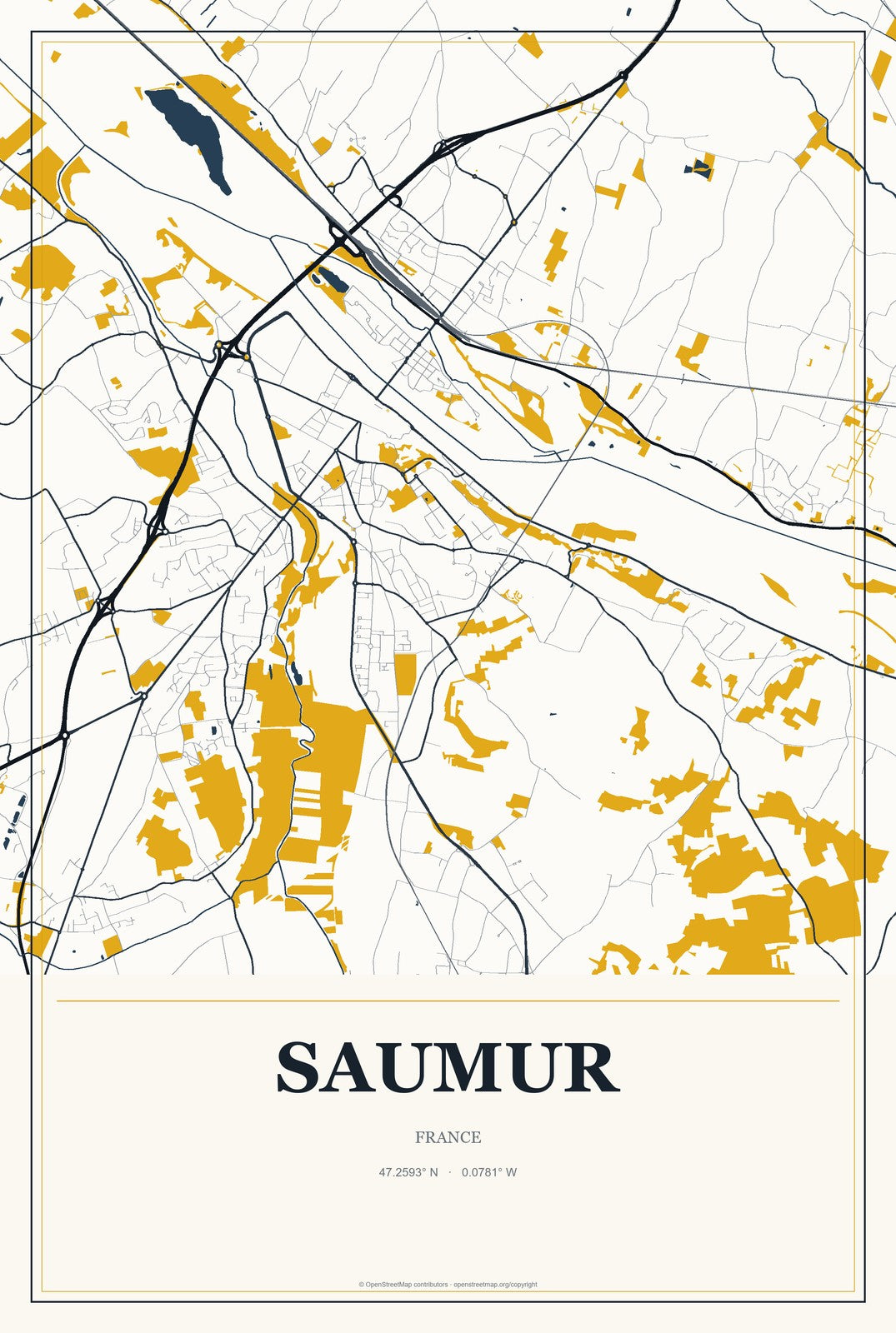 Saumur, France City Map Aluminum Sign in Citrine Modern style