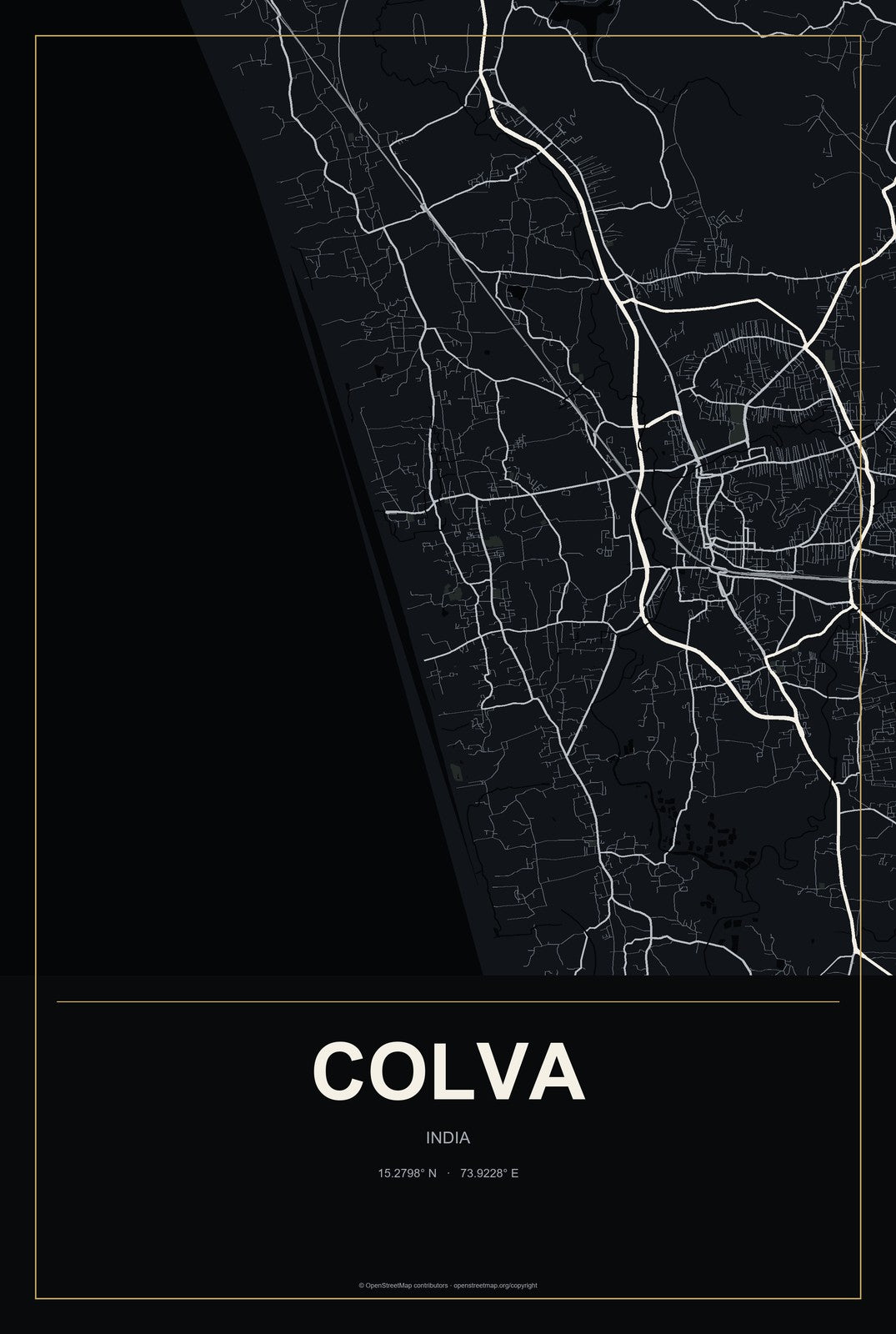 Colva, India City Map Aluminum Sign in Metropolitan Noir style