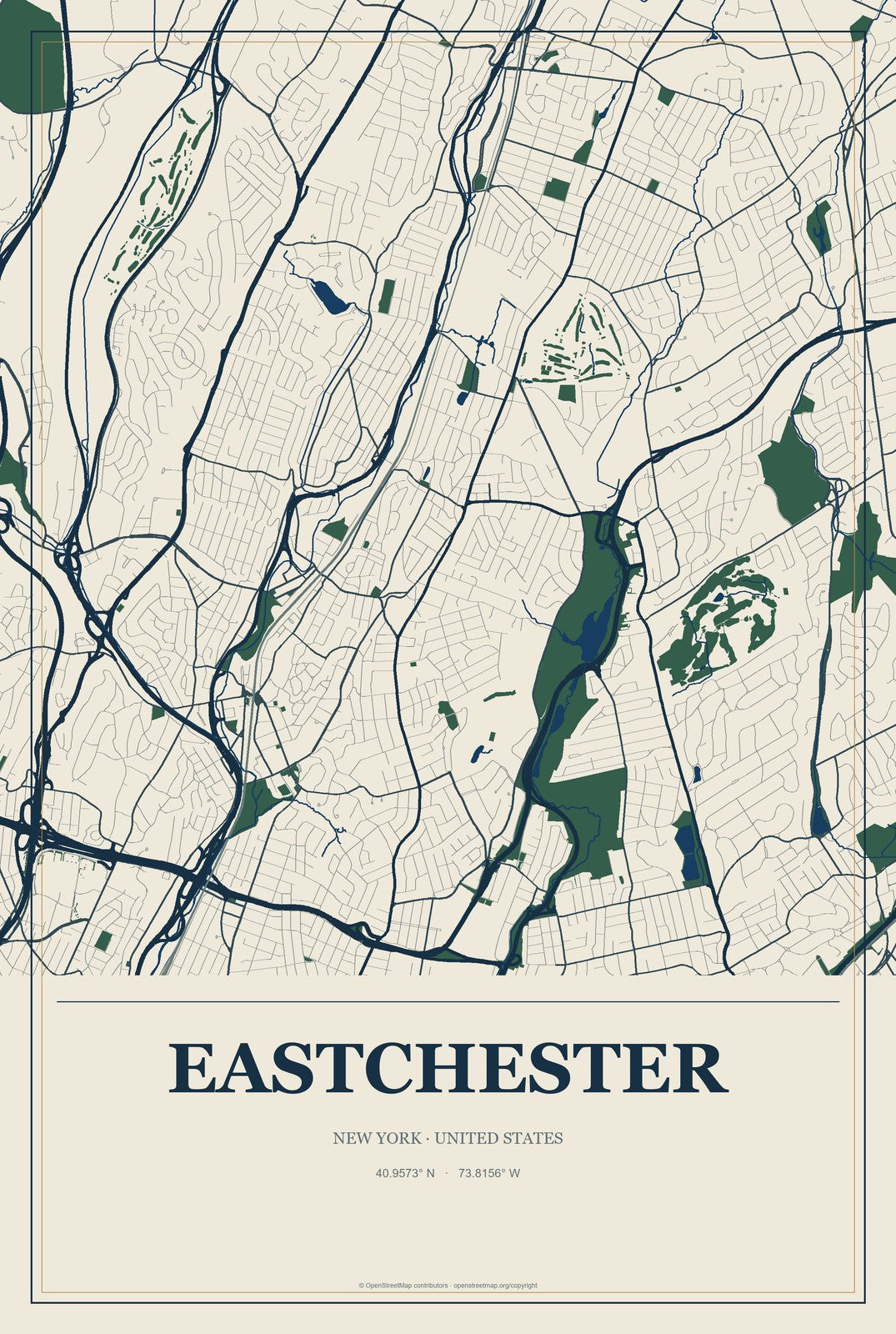 Eastchester, New York City Map Aluminum Sign in Coastal Cutout style