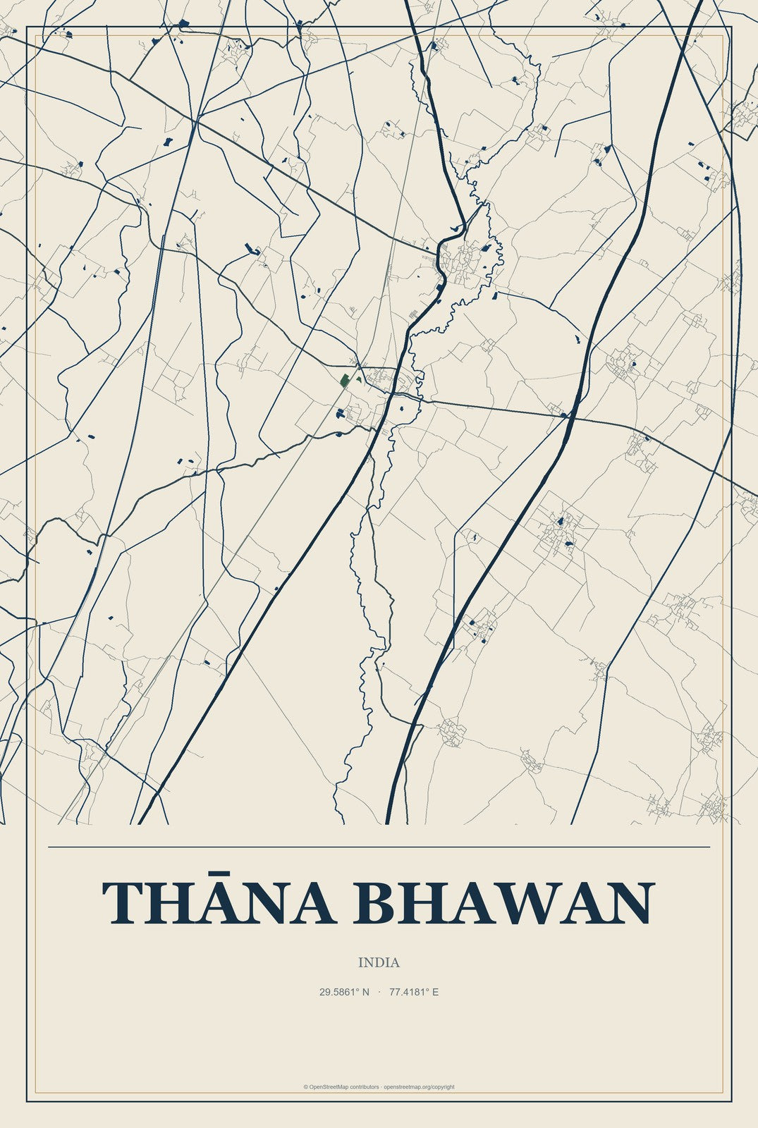 Thāna Bhawan, India City Map Aluminum Sign in Coastal Cutout style