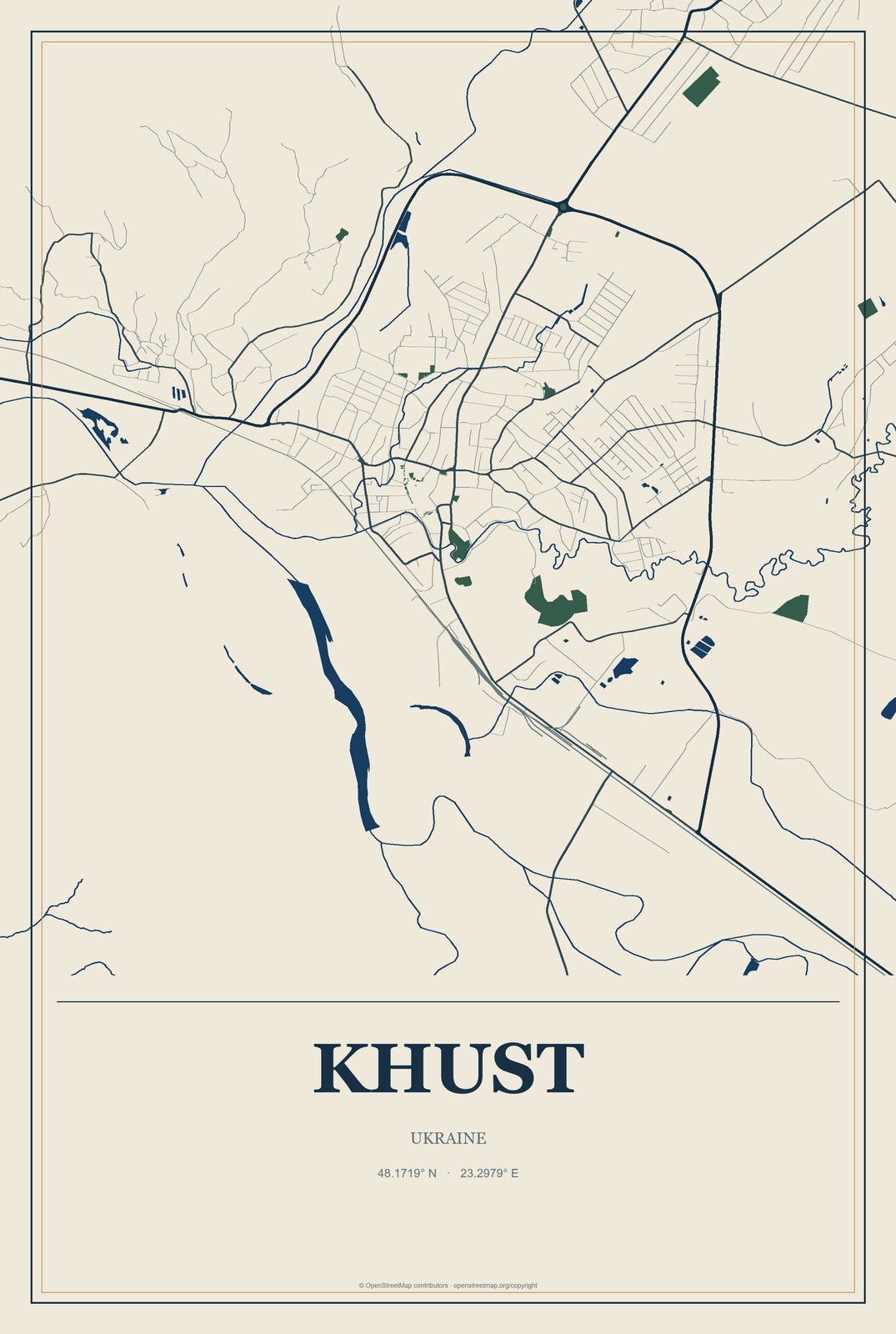 Khust, Ukraine City Map Aluminum Sign in Coastal Cutout style