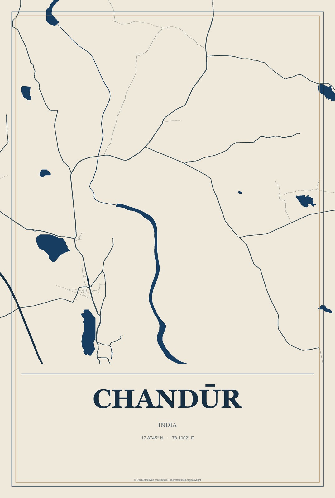 Chandūr, India City Map Aluminum Sign in Coastal Cutout style