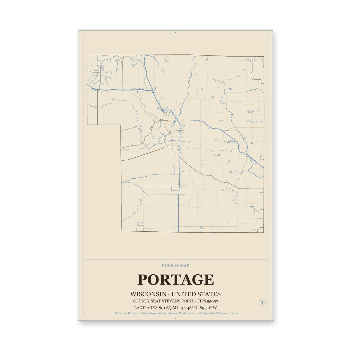 Portage County, Wisconsin Map Aluminum Sign in Heritage Nautical style