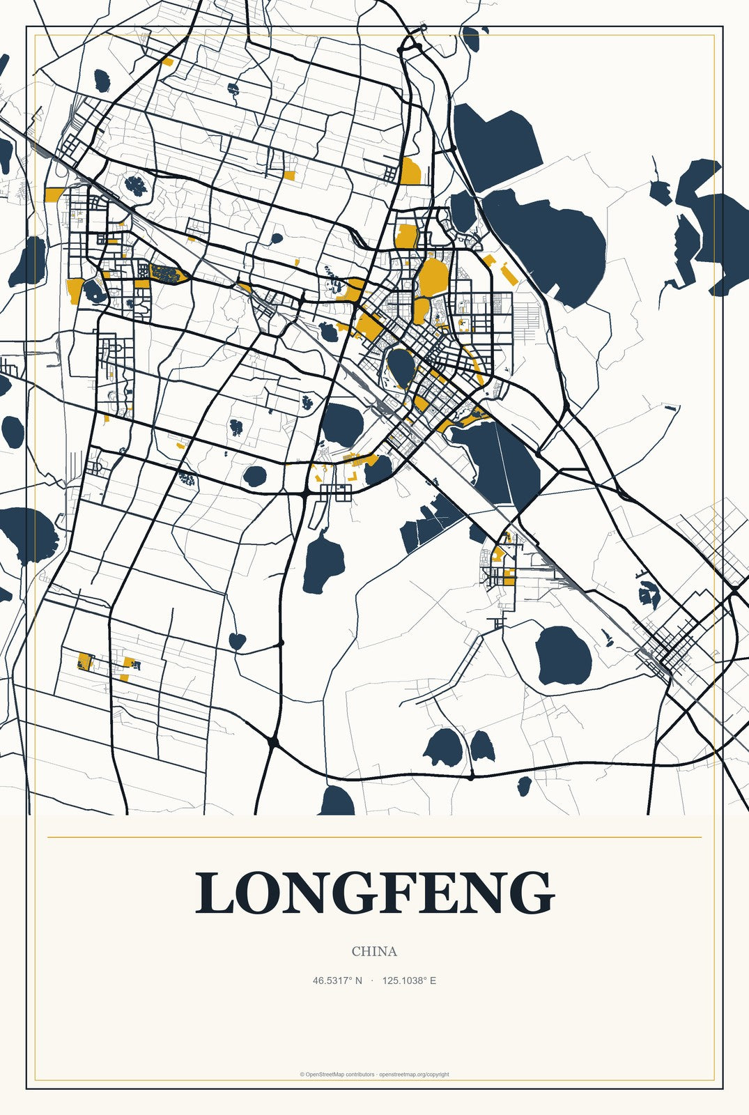 Longfeng, Hubei, China City Map Aluminum Sign in Citrine Modern style