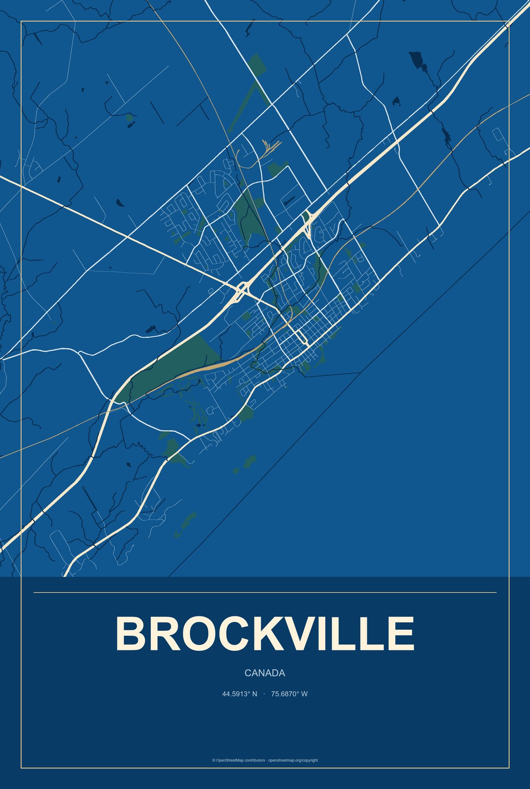 Brockville, Canada City Map Aluminum Sign in Harbor Cobalt style